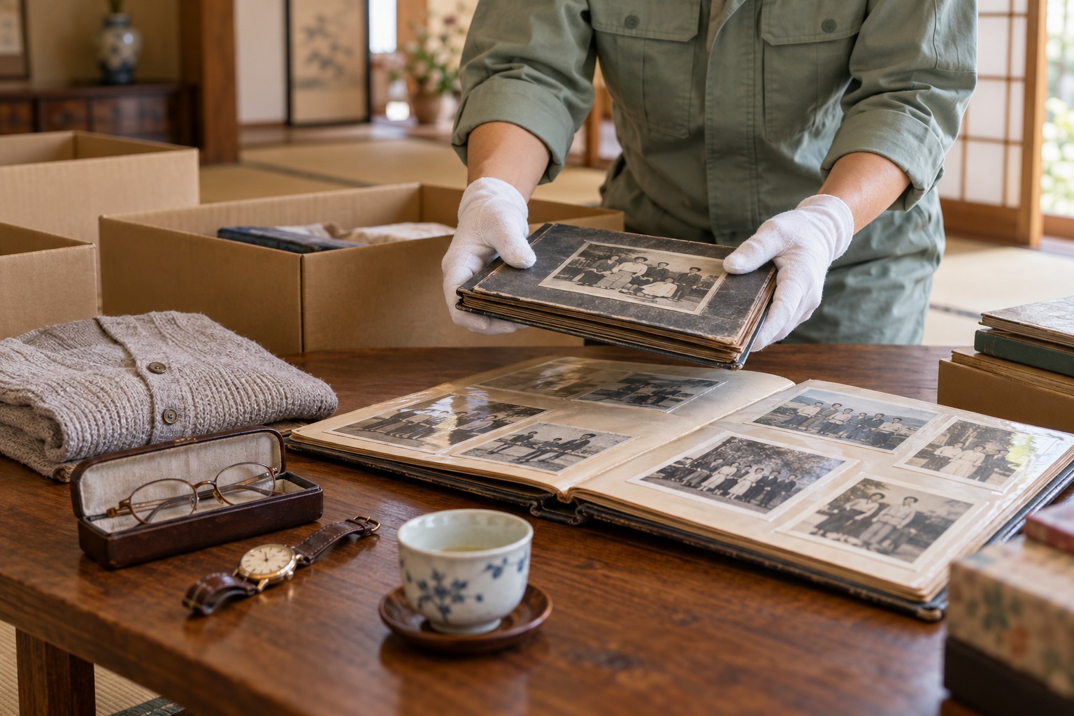 白い手袋で古いアルバムを持ち、時計・眼鏡・衣類など思い出の品を丁寧に仕分ける遺品整理のイメージ